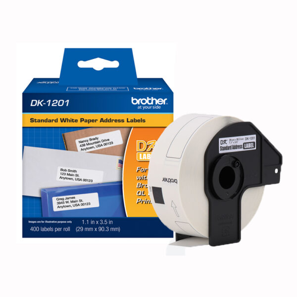 Cinta Brother DK-1201 29mm x 90.3mm (1.1″ x 3.5″) Negro Sobre Blanco  400 Etiquetas - Imagen 3