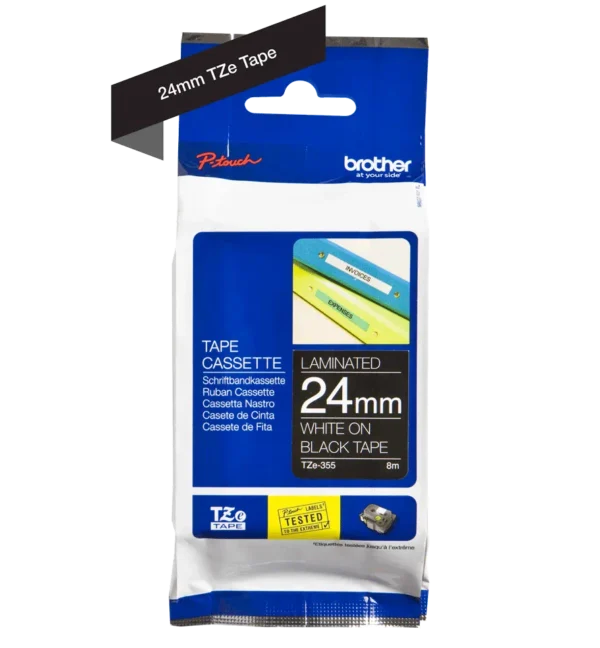 Cinta Brother TZE-355 Blanco sobre Negro 24mm (1″) x 8 mts - Imagen 3
