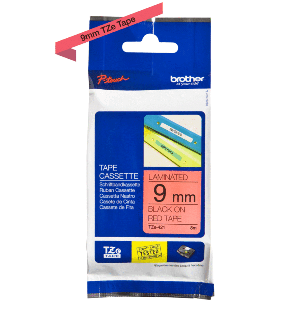 Cinta Brother TZE-421 Negro sobre Rojo 9mm (3/8″) x 8 mts - Imagen 2
